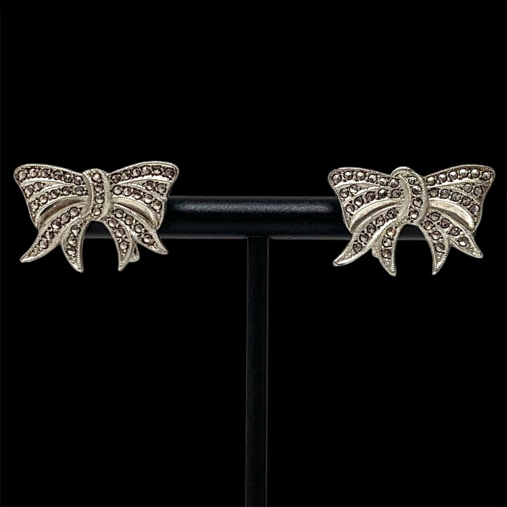 Vintage Sterling Silver Marcasite Bow Screw Back Earrings